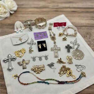 Vintage Religious Jewelry Lot Cross Angel Jesus Charms Pins Necklaces Brooches